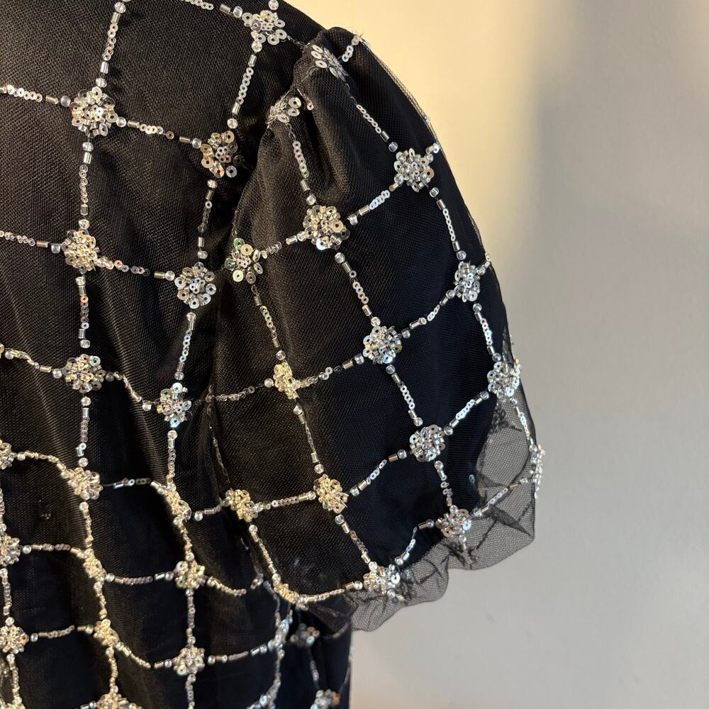 Adrianna Papell Beaded Mesh Top Black Sequin Puff Sleeve Sheer Blouse NWT Sz L​ - Picture 4 of 10